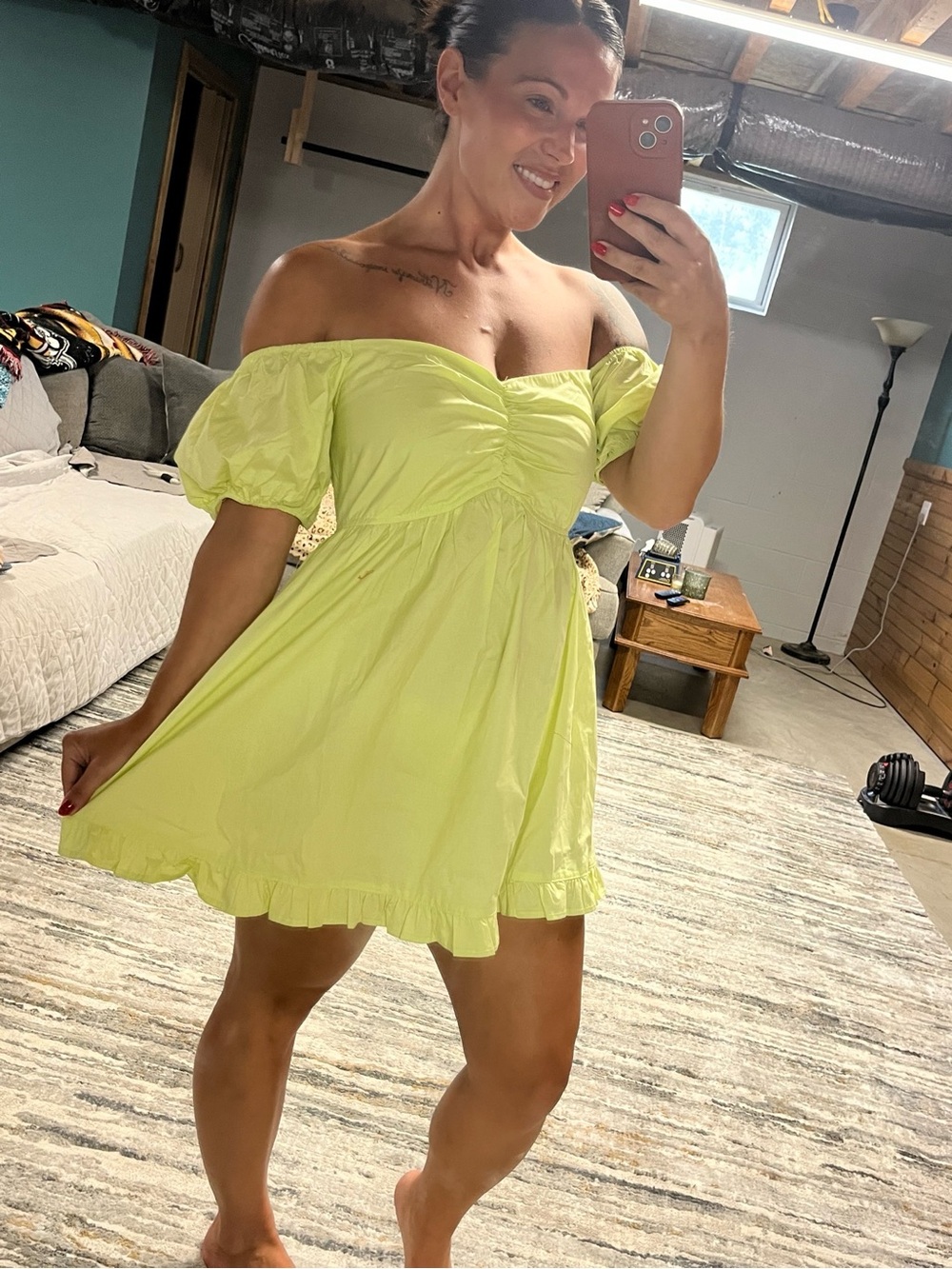 Motherhood Lemon Green Off-Shoulder Puff Sleeve Mini Dress- READ DESCRIPTION